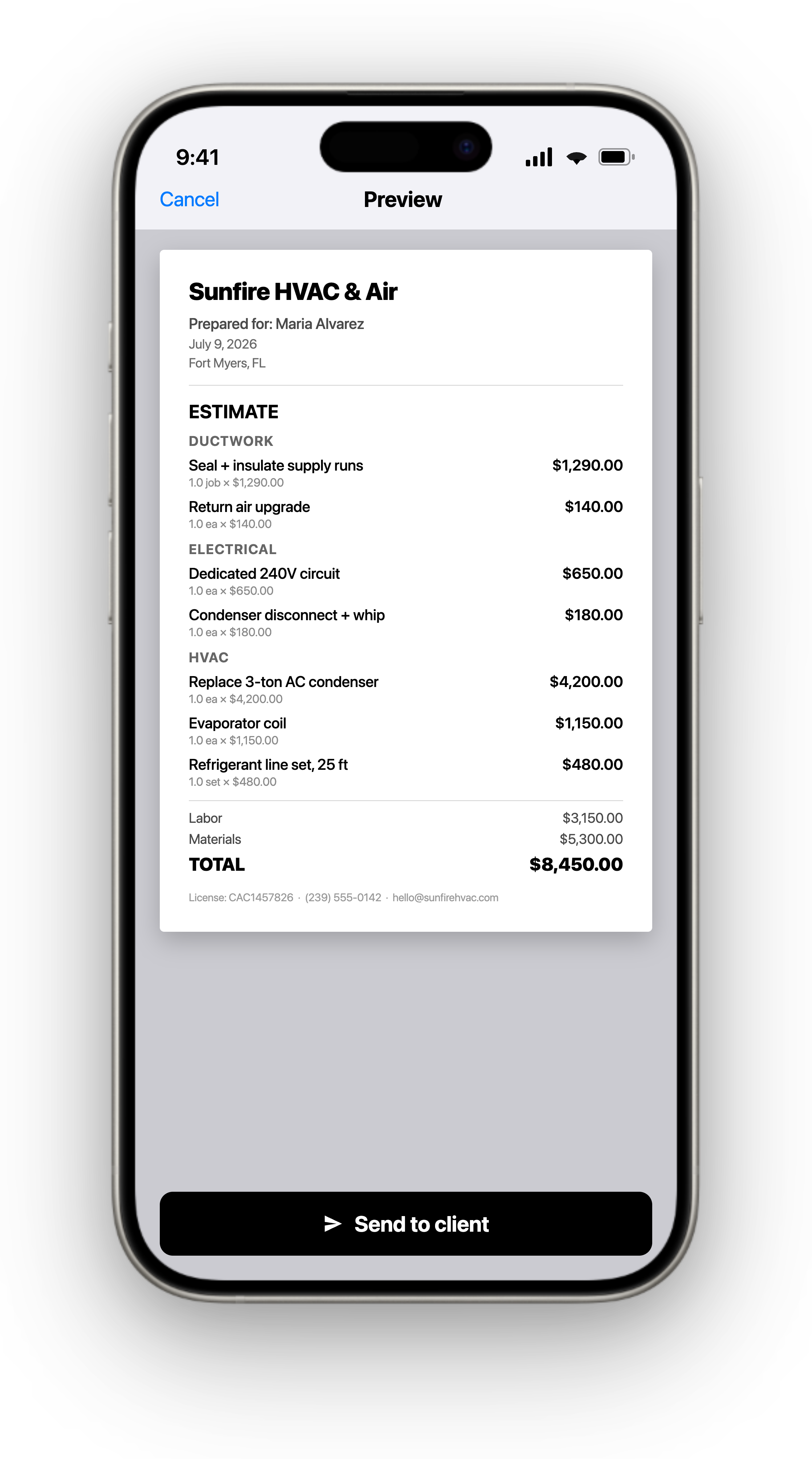 A finished bidwalk estimate ready to send to a client, shown on iPhone